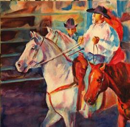 Santa Fe Rodeo - Two White Horses - Painting by Equine Artist Karen Brenner